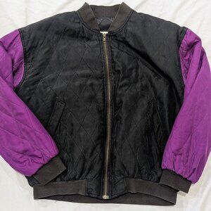 VTG Bogari 100% Silk Bomber Jacket Women’s Sz S Black Purple Quilted Full Zip